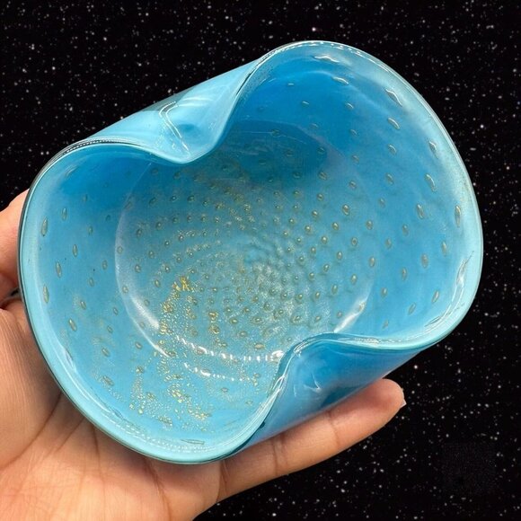 Murano Mid Century Art Glass Bowl Ashtray Blue Gold Aventurine Glitter 5”W 2”T - Picture 5 of 12